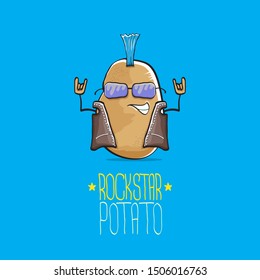 vector funny cartoon cute brown punk rock star potato character with Iroquois isolated on blue background. My name is potato vector concept. rock n rock hipster vegetable funky character