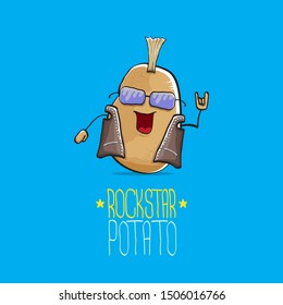 vector funny cartoon cute brown punk rock star potato character with Iroquois isolated on blue background. My name is potato vector concept. rock n rock hipster vegetable funky character