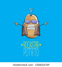 vector funny cartoon cute brown punk rock star potato character with Iroquois isolated on blue background. My name is potato vector concept. rock n rock hipster vegetable funky character