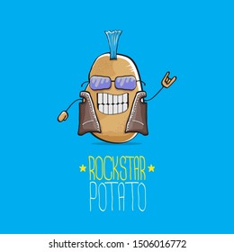 vector funny cartoon cute brown punk rock star potato character with Iroquois isolated on blue background. My name is potato vector concept. rock n rock hipster vegetable funky character