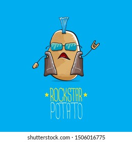 vector funny cartoon cute brown punk rock star potato character with Iroquois isolated on blue background. My name is potato vector concept. rock n rock hipster vegetable funky character
