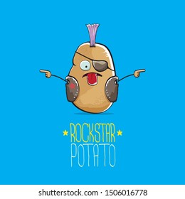 vector funny cartoon cute brown punk rock star potato character with Iroquois isolated on blue background. My name is potato vector concept. rock n rock hipster vegetable funky character