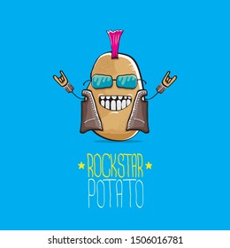 vector funny cartoon cute brown punk rock star potato character with Iroquois isolated on blue background. My name is potato vector concept. rock n rock hipster vegetable funky character