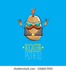 vector funny cartoon cute brown punk rock star potato character with Iroquois isolated on blue background. My name is potato vector concept. rock n rock hipster vegetable funky character