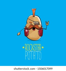 vector funny cartoon cute brown punk rock star potato character with Iroquois isolated on blue background. My name is potato vector concept. rock n rock hipster vegetable funky character