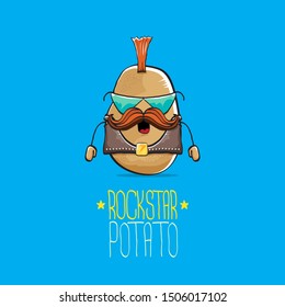 vector funny cartoon cute brown punk rock star potato character with Iroquois isolated on blue background. My name is potato vector concept. rock n rock hipster vegetable funky character