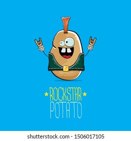 vector funny cartoon cute brown punk rock star potato character with Iroquois isolated on blue background. My name is potato vector concept. rock n rock hipster vegetable funky character