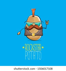 vector funny cartoon cute brown punk rock star potato character with Iroquois isolated on blue background. My name is potato vector concept. rock n rock hipster vegetable funky character