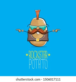 vector funny cartoon cute brown punk rock star potato character with Iroquois isolated on blue background. My name is potato vector concept. rock n rock hipster vegetable funky character