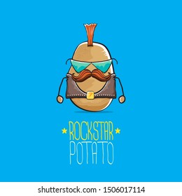 vector funny cartoon cute brown punk rock star potato character with Iroquois isolated on blue background. My name is potato vector concept. rock n rock hipster vegetable funky character