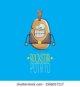 vector funny cartoon cute brown punk rock star potato character with Iroquois isolated on blue background. My name is potato vector concept. rock n rock hipster vegetable funky character