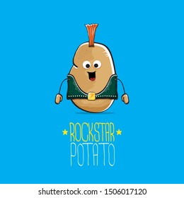 vector funny cartoon cute brown punk rock star potato character with Iroquois isolated on blue background. My name is potato vector concept. rock n rock hipster vegetable funky character