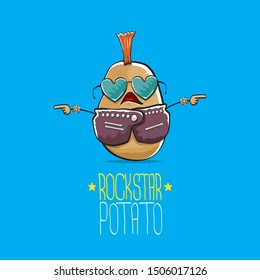 vector funny cartoon cute brown punk rock star potato character with Iroquois isolated on blue background. My name is potato vector concept. rock n rock hipster vegetable funky character