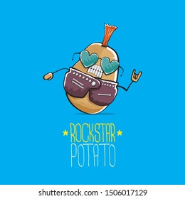 vector funny cartoon cute brown punk rock star potato character with Iroquois isolated on blue background. My name is potato vector concept. rock n rock hipster vegetable funky character
