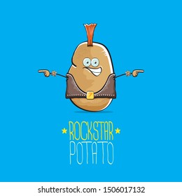 vector funny cartoon cute brown punk rock star potato character with Iroquois isolated on blue background. My name is potato vector concept. rock n rock hipster vegetable funky character