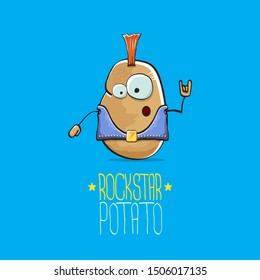 vector funny cartoon cute brown punk rock star potato character with Iroquois isolated on blue background. My name is potato vector concept. rock n rock hipster vegetable funky character