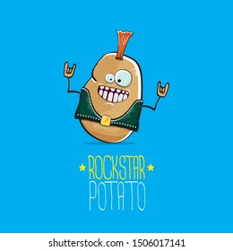 vector funny cartoon cute brown punk rock star potato character with Iroquois isolated on blue background. My name is potato vector concept. rock n rock hipster vegetable funky character