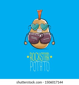 vector funny cartoon cute brown punk rock star potato character with Iroquois isolated on blue background. My name is potato vector concept. rock n rock hipster vegetable funky character