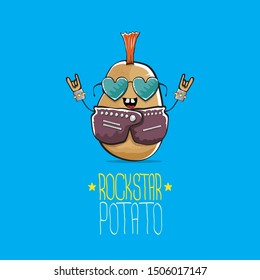 vector funny cartoon cute brown punk rock star potato character with Iroquois isolated on blue background. My name is potato vector concept. rock n rock hipster vegetable funky character