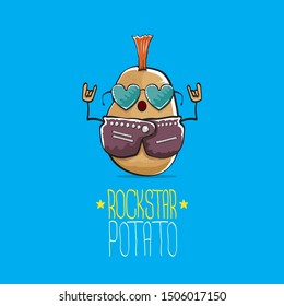vector funny cartoon cute brown punk rock star potato character with Iroquois isolated on blue background. My name is potato vector concept. rock n rock hipster vegetable funky character