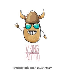 vector funny cartoon cute brown super hero viking potato with viking helmet isolated on white background. My name is potato vector concept. super vegetable funky character