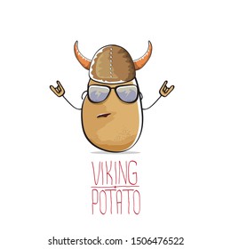 vector funny cartoon cute brown super hero viking potato with viking helmet isolated on white background. My name is potato vector concept. super vegetable funky character