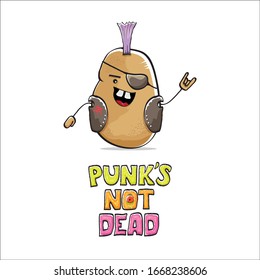 vector funny cartoon cute brown punk rock star potato character with Iroquois isolated on white background. Punks not dead vector concept print. rock n rock hipster vegetable funky character