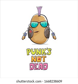 vector funny cartoon cute brown punk rock star potato character with Iroquois isolated on white background. Punks not dead vector concept print. rock n rock hipster vegetable funky character