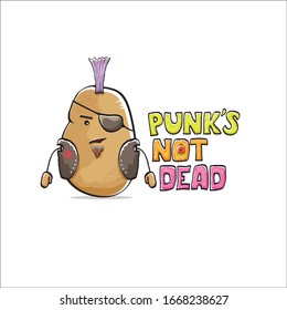 vector funny cartoon cute brown punk rock star potato character with Iroquois isolated on white background. Punks not dead vector concept print. rock n rock hipster vegetable funky character