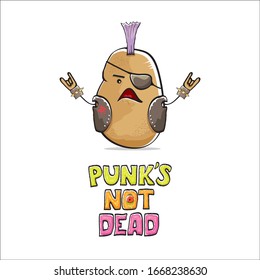 vector funny cartoon cute brown punk rock star potato character with Iroquois isolated on white background. Punks not dead vector concept print. rock n rock hipster vegetable funky character