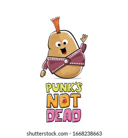 vector funny cartoon cute brown punk rock star potato character with Iroquois isolated on white background. Punks not dead vector concept print. rock n rock hipster vegetable funky character