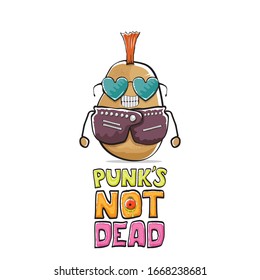 vector funny cartoon cute brown punk rock star potato character with Iroquois isolated on white background. Punks not dead vector concept print. rock n rock hipster vegetable funky character