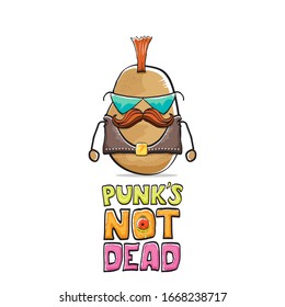 vector funny cartoon cute brown punk rock star potato character with Iroquois isolated on white background. Punks not dead vector concept print. rock n rock hipster vegetable funky character