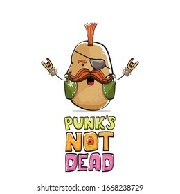 vector funny cartoon cute brown punk rock star potato character with Iroquois isolated on white background. Punks not dead vector concept print. rock n rock hipster vegetable funky character