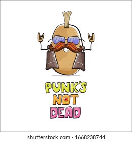 vector funny cartoon cute brown punk rock star potato character with Iroquois isolated on white background. Punks not dead vector concept print. rock n rock hipster vegetable funky character