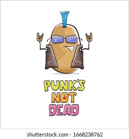 vector funny cartoon cute brown punk rock star potato character with Iroquois isolated on white background. Punks not dead vector concept print. rock n rock hipster vegetable funky character