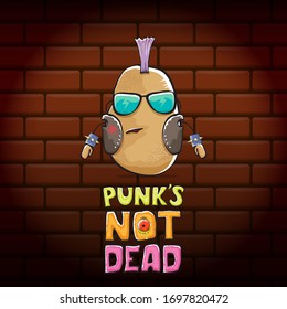 vector funny cartoon cute brown punk rock star potato character with Iroquois isolated on brick wall  background. Punks not dead vector concept print. rock n rock hipster vegetable funky character