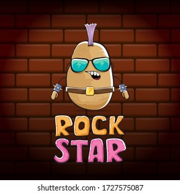 vector funny cartoon cute brown punk rock star potato character with Iroquois isolated on brick wall  background. ROck star vector concept print. rock n rock hipster vegetable funky character
