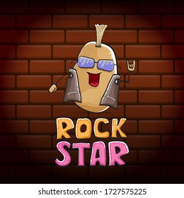 vector funny cartoon cute brown punk rock star potato character with Iroquois isolated on brick wall  background. ROck star vector concept print. rock n rock hipster vegetable funky character