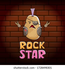 vector funny cartoon cute brown punk rock star potato character with Iroquois isolated on brick wall  background. ROck star vector concept print. rock n rock hipster vegetable funky character