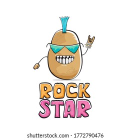 vector funny cartoon cute brown punk rock star potato character with Iroquois isolated on white  background. Rock star vector concept print. rock n rock hipster vegetable funky character