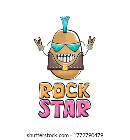 vector funny cartoon cute brown punk rock star potato character with Iroquois isolated on white  background. Rock star vector concept print. rock n rock hipster vegetable funky character