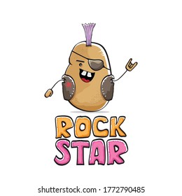 vector funny cartoon cute brown punk rock star potato character with Iroquois isolated on white  background. Rock star vector concept print. rock n rock hipster vegetable funky character