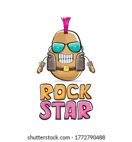vector funny cartoon cute brown punk rock star potato character with Iroquois isolated on white  background. Rock star vector concept print. rock n rock hipster vegetable funky character