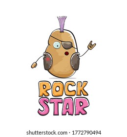 vector funny cartoon cute brown punk rock star potato character with Iroquois isolated on white  background. Rock star vector concept print. rock n rock hipster vegetable funky character