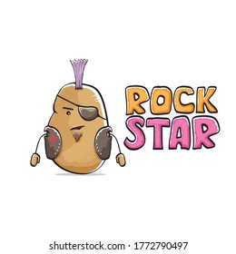 vector funny cartoon cute brown punk rock star potato character with Iroquois isolated on white  background. Rock star vector concept print. rock n rock hipster vegetable funky character