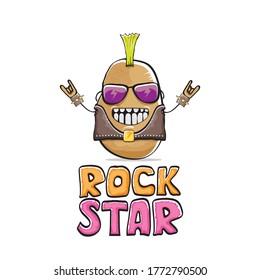 vector funny cartoon cute brown punk rock star potato character with Iroquois isolated on white  background. Rock star vector concept print. rock n rock hipster vegetable funky character