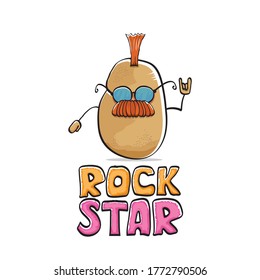 vector funny cartoon cute brown punk rock star potato character with Iroquois isolated on white  background. Rock star vector concept print. rock n rock hipster vegetable funky character