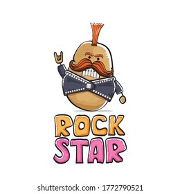 vector funny cartoon cute brown punk rock star potato character with Iroquois isolated on white  background. Rock star vector concept print. rock n rock hipster vegetable funky character