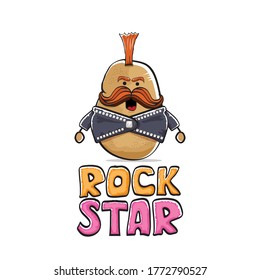 vector funny cartoon cute brown punk rock star potato character with Iroquois isolated on white  background. Rock star vector concept print. rock n rock hipster vegetable funky character